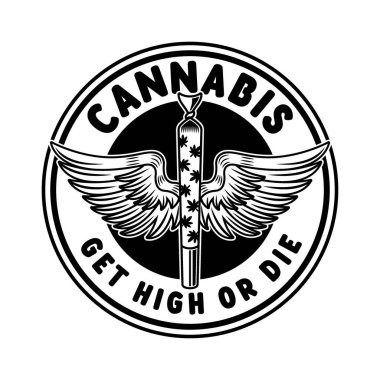 Kanat vektörü amblemi olan marihuana sarması beyaz üzerine izole edilmiş siyah stil çizimi