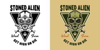 Marijuana vector emblem with stoned alien and two crossed spliffs in two styles, black on white and colorful clipart