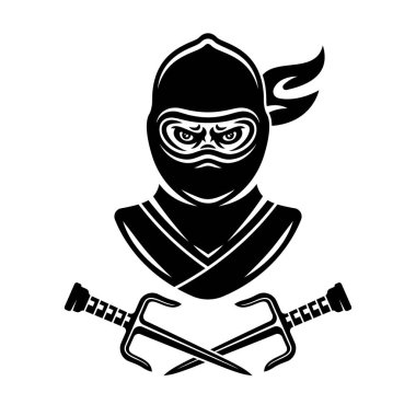 Ninja kafası ve iki çapraz sai bıçağı vektör illüstrasyonunda tek renkli beyaz renkte izole edilmiş.