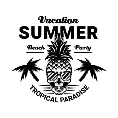Kafatası ananas çizgi film karakteri, yaz temalı vektör amblemi beyaz üzerine izole edilmiş klasik tarzda.