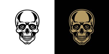 Kafatası vektör karakteri çizimi iki stilde siyah beyaz ve koyu arkaplanda renkli