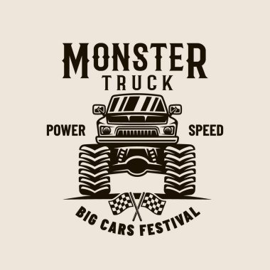 Monster truck big car vector emblem or badge in monochrome style on light background clipart