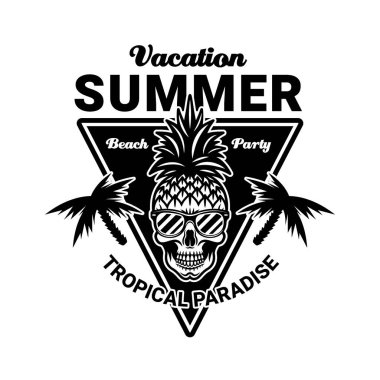 Kafatası ananas çizgi film karakteri, yaz temalı vektör amblemi beyaz üzerine izole edilmiş klasik tarzda.
