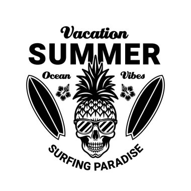 Kafatası ananas çizgi film karakteri, yaz temalı vektör amblemi beyaz üzerine izole edilmiş klasik tarzda.