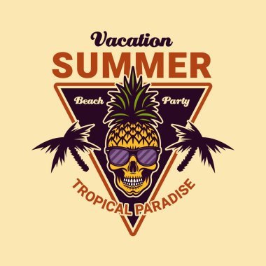 Kafatası ananas çizgi film karakteri, sarı ışık arka planında yaz temalı vektör amblemi