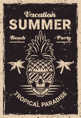 Kafatası ananas çizgi film karakteri illüstrasyonlu yaz temalı kahverengi poster şablonu. Katmanlı, grunge deseni ve metni ayır