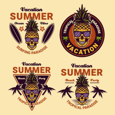 Kafatası ananas çizgi film karakteri, açık arkaplanda renkli yazı temalı vektör amblemleri.