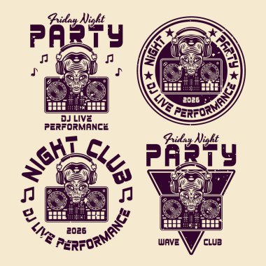 Yaratıcı DJ parti vektör amblemleri. Kulaklıklı bir uzaylı kafası ve DJ mikser kontrolörü. Gece kulüpleri, müzik etkinlikleri ve elektronik dans kültürü için mükemmel.