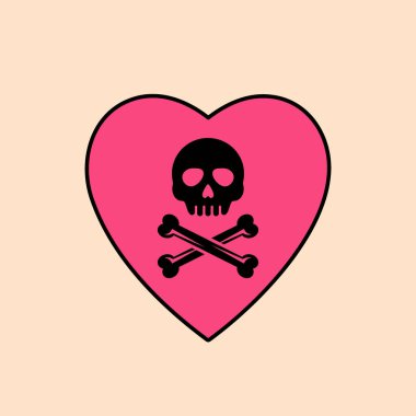Ortasında kafatası ve kemikleri olan pembe kalp, aşkı ve gotik estetiği harmanlıyor. Dövmeler, çıkartmalar ve ürkütücü ama romantik bir havası olan modaya uygun vektör çizimleri için mükemmel.
