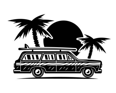 Klasik sörf arabası, palmiyeler ve gün batımı vektörü siyah illüstrasyon beyaz üzerine izole edilmiş klasik tarzda.