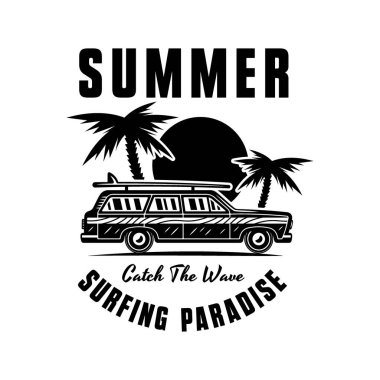 Klasik sörf arabası, avuç içi ve gün batımı vektörü siyah amblem veya beyaz üzerine izole edilmiş klasik tişört baskısı