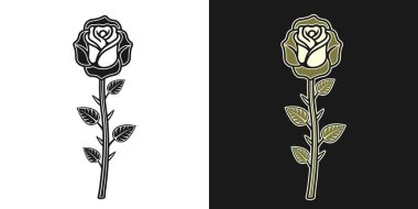 Zarif çizim ve gotik estetiğe sahip gül dövmeli vektör illüstrasyonu iki tarzda, siyah beyaz ve renkli.
