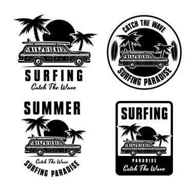 Avuç içleri ve gün batımında siyah vektör amblemleri olan klasik sörf arabası beyaz üzerine izole edilmiş.