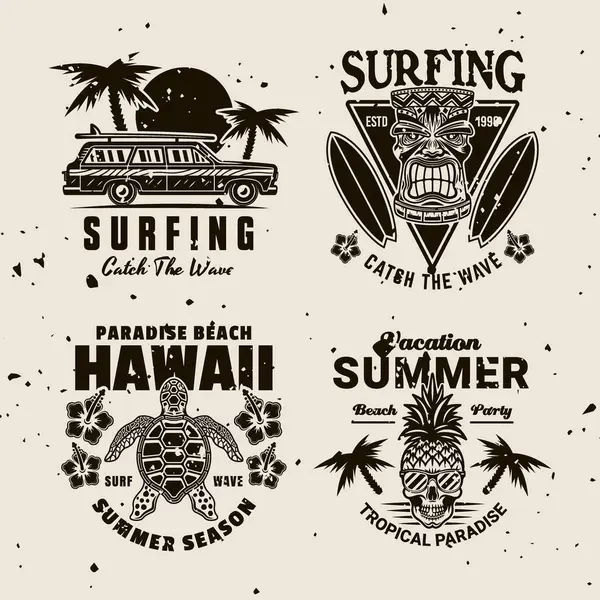 Tropik plajlar, dalgalar, sörf tahtaları, palmiye ağaçları ve günbatımları olan klasik sörf ve yaz tatili amblemleri. Tişörtler ve retro tasarımlar için mükemmel.