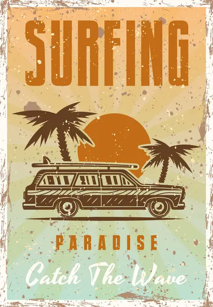 Klasik arabalı, palmiye ağaçlı ve günbatımlı klasik sörf posteri. Plaj, seyahat ve yaz temalı tasarımlar, tişörtler ve baskılar için Retro stil illüstrasyonu mükemmeldir.