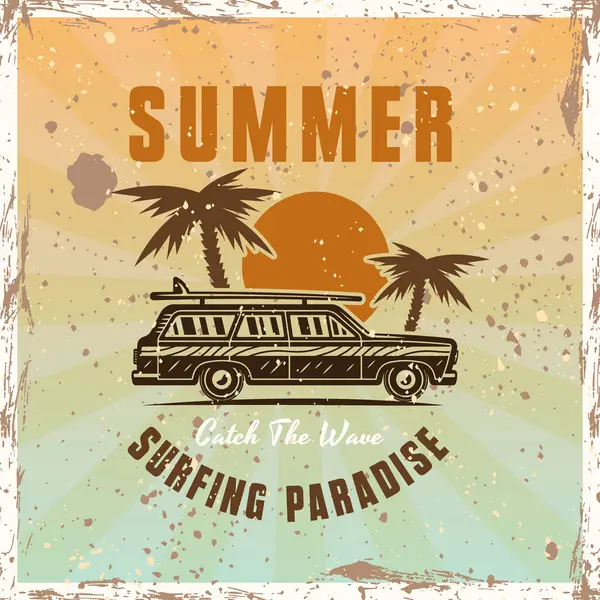 Klasik sörf arabası, avuç içi ve gün batımı vektör amblemi veya renkli tişört baskısı. Parlak arkaplanda vektör illüstrasyonu