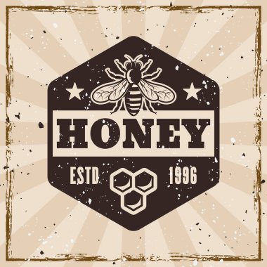 Bal arısı ve arıcılık vektör vintage stili amblemi arka planda ve farklı katmanlardaki dokularla