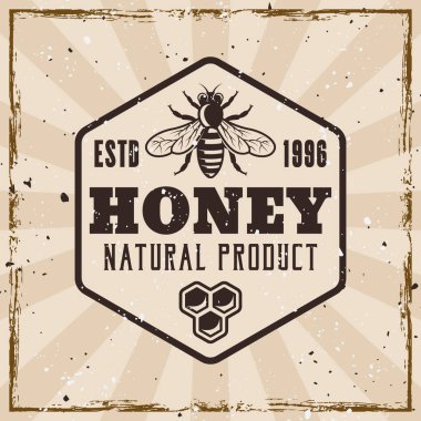 Bal arısı ve arıcılık vektör vintage stili amblemi arka planda ve farklı katmanlardaki dokularla