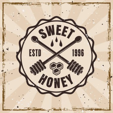 Bal arısı ve arıcılık vektör vintage stili amblemi arka planda ve farklı katmanlardaki dokularla