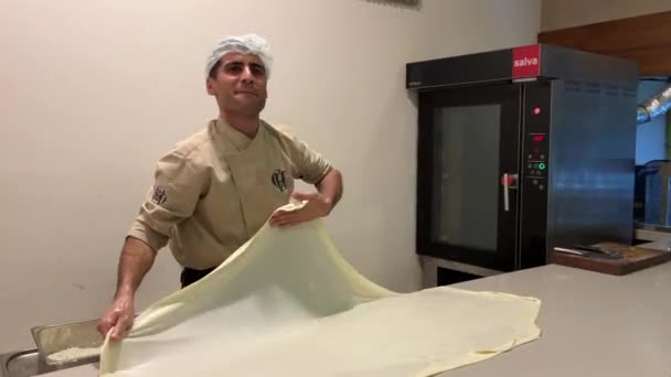 Man Making Stretching Filo Pastry Hand — Vídeos de Stock