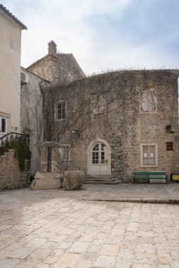 Ancient architecture in Poets Square in the old town of Budva, Montenegro