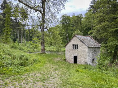 Fishpool Vadisi, Croft Şatosu, Yarpole, Herefordshire, İngiltere, İngiltere 'de Gotik Pumphouse ve gölet