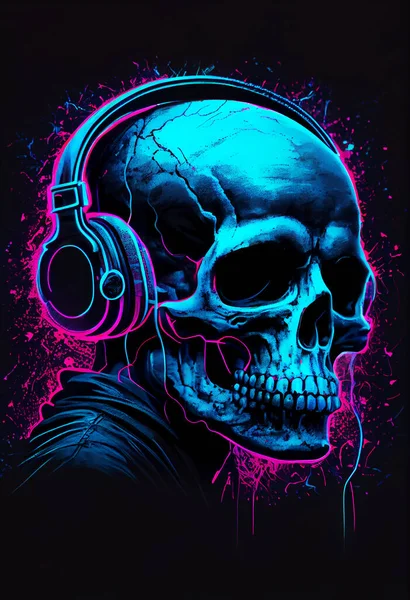 Ein Totenkopf Der Tödliche Geräusche Über Kopfhörer Hört Illustration Neon — Stockfoto
