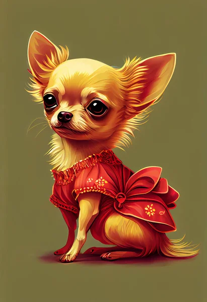 Chihuahua Biondo Con Bel Vestito Rosso Cagnolino Seduto Carino Illustrazione — Foto Stock