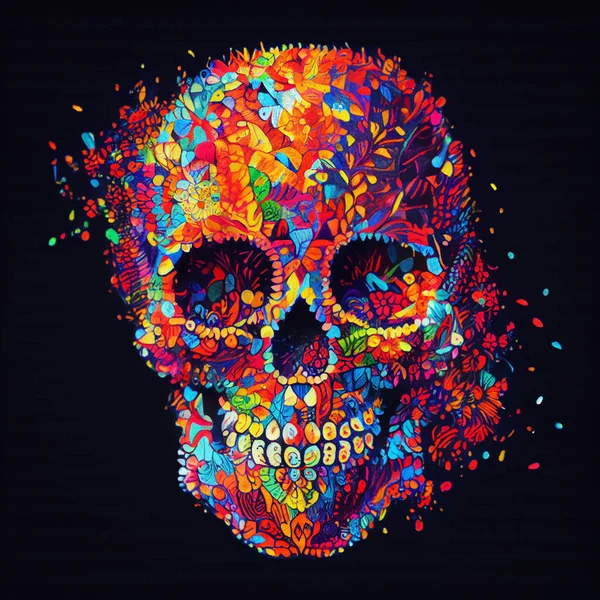 Brightly Patterned Sugar Skull Disintegrating Darkness Pointillism Style Illustration — Φωτογραφία Αρχείου