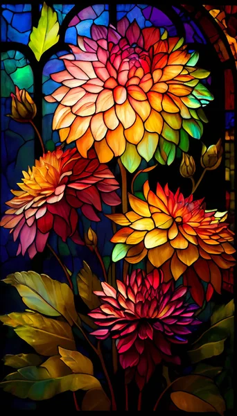 Beautiful Stained Glass Window Featuring Dahlias Kaleidoscope Colors Illustration ロイヤリティフリーのストック写真