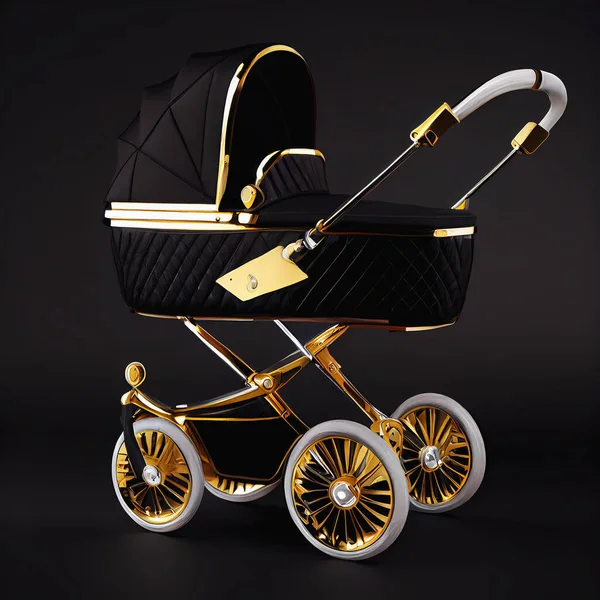 Siyah Kadife Örtülü Altın Aksanlı Lüks Bebek Arabası Görüntü Stok Resim