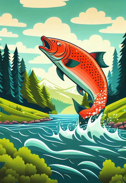 大きな鮭の魚が巻き川から飛び出します 背景には山々や木々が見えます イラスト ストックフォト