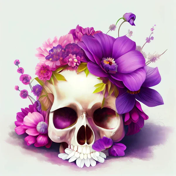 腐敗する頭蓋骨は紫色の花のベッドの中にあります イラスト比 ストックフォト