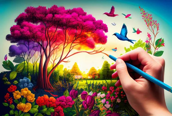 鉛筆クレヨンを手にしたアーティストが庭のイメージを作り出します イラスト ストック画像