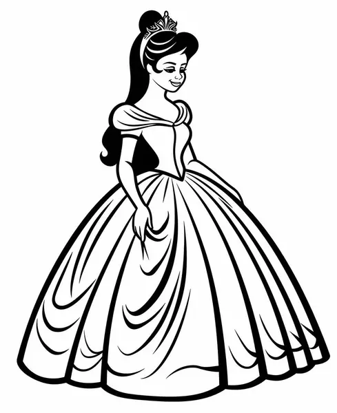 王妃身穿舞会礼服头饰的公主 用于印刷和配色由爱知青年 童话中的微笑所产生的黑白草图 免版税图库图片
