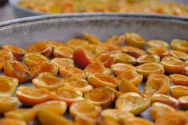 Kayısılar tepsilerde dizilip güneşte kurumaya bırakılmış.