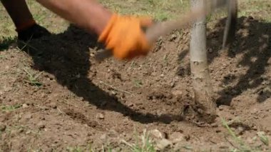 Bahçede bir kürekle çalışan adam