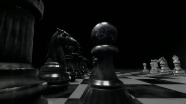 İş adamı ve dev satranç takımı gizemli aydınlatılmış kapıda bekliyor.