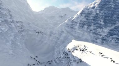 Bir dron karlı bir dağın üzerinde uçuyor..