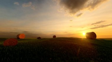 Sunset View ile Toplanan Hasır Balyalar