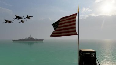 Amerikan Bayrağı, Savaş Gemisi ve Geçmekte olan Savaş Uçakları