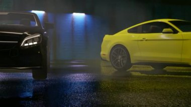 Lüks Sarı Spor Araba Gece Otoparkında Sürükleniyor