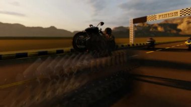 Bitiş çizgisini motorun ön tarafını kaldırarak geçen yarışçı.