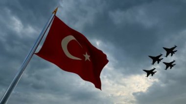 Türk Bayrağı Dalgalanıyor ve Savaşçı Uçakları Gruplar halinde Dalgalanıyor