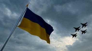 Dalgalanan Ukrayna Bayrağı ve Savaş Uçakları Grubu