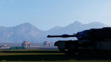 Konvoy ve tank askeri karargahtan geçiyor.