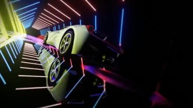 Neon Altıgen Işık Tünelinde Beyaz Lüks Spor Araba