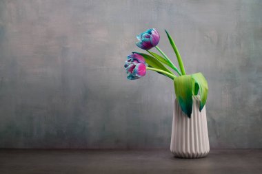 Fresh colorful tulips flowers in vase on rustic green wall Place for your text,copy space