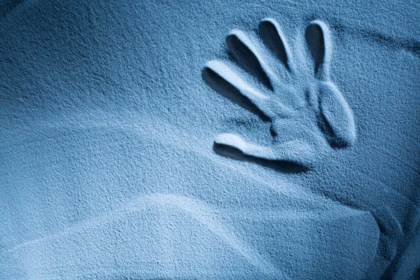 Hand Prints Sand Blue Color Abstract Background — Stock Photo, Image