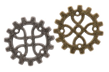 Farklı renkte iki dişli. Bu endüstriyel element Steampunk makinesinin parçasından esinlenmiş gibi görünüyor. Beyaz arka planda izole edilmiş. Kes şunu..